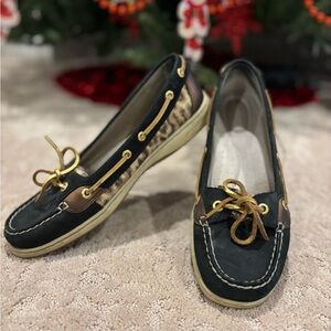 Sperry Black, Brown and Gold Loafers with Leopard Accents Sz 9